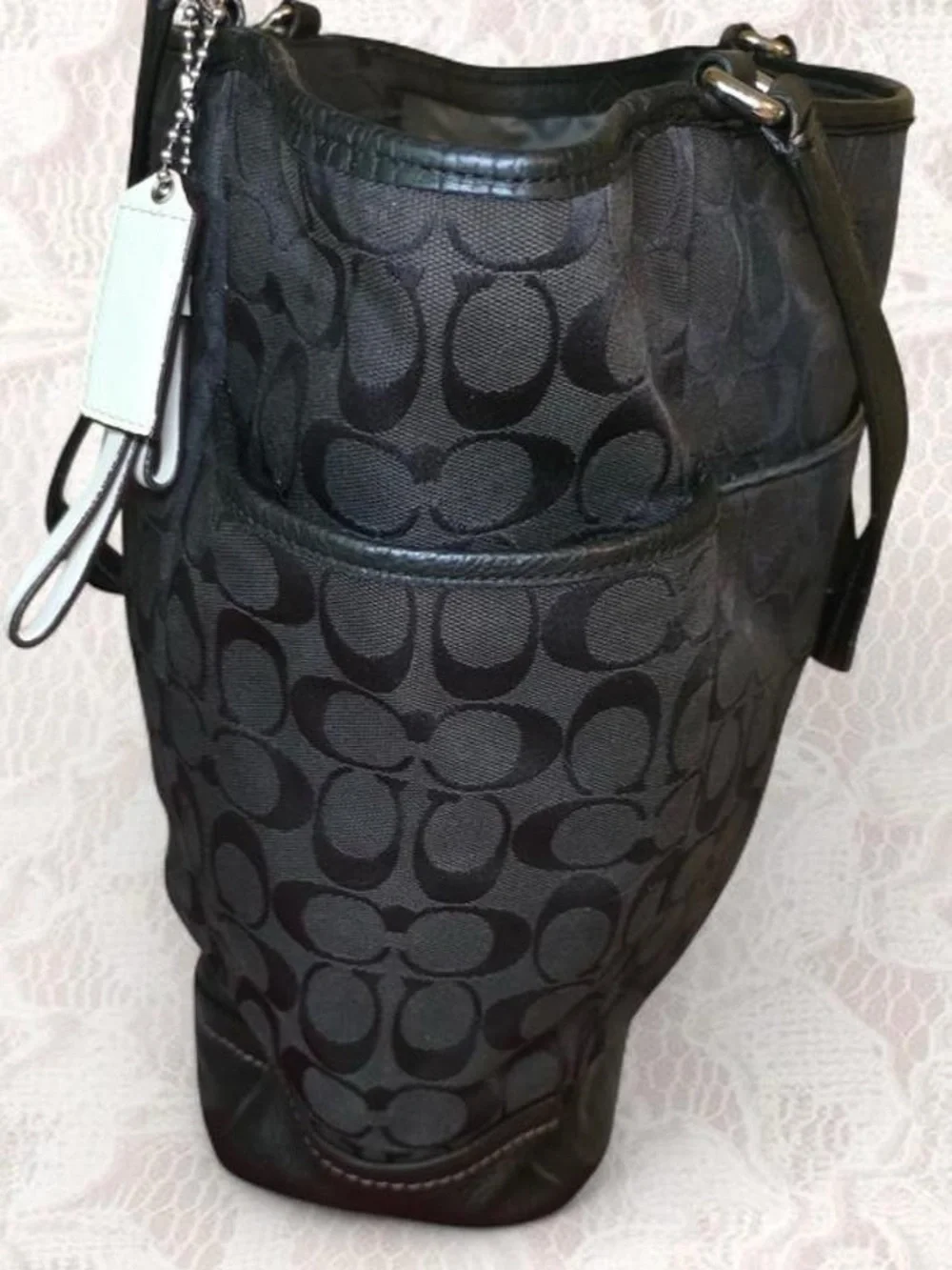 Coach Park Signature Carrie Jacquard Canvas Leather Tote Bag Black